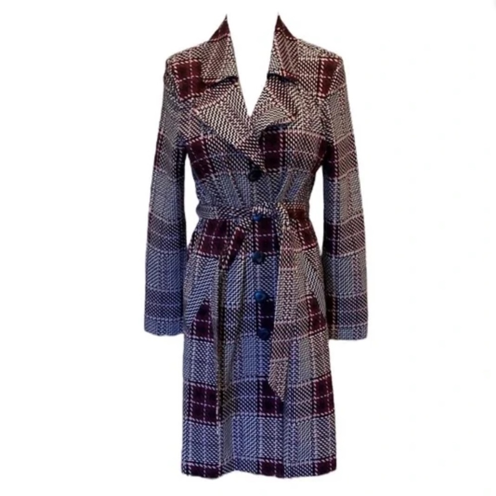 CAbi Sovereign Plaid Mulberry Purple Trench Coat w/ Tie Belt